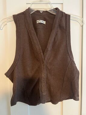We The Free Chocolate Brown Waffle Knit Sleeveless Snap-Front Crop Top